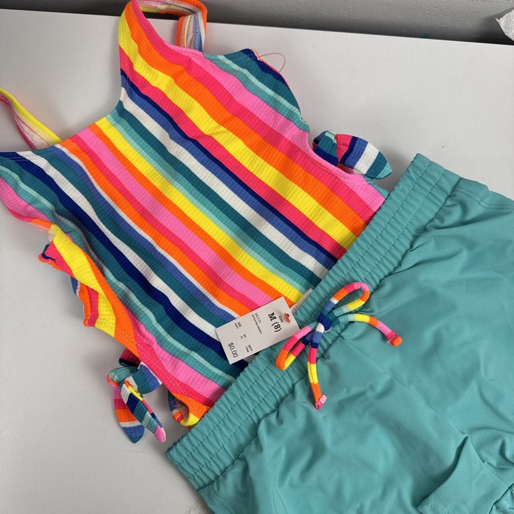 Girls Rainbow Striped Cutout Swimsuit Set Cat & Jack Sz 8 NWT Summer - Picture 2 of 14